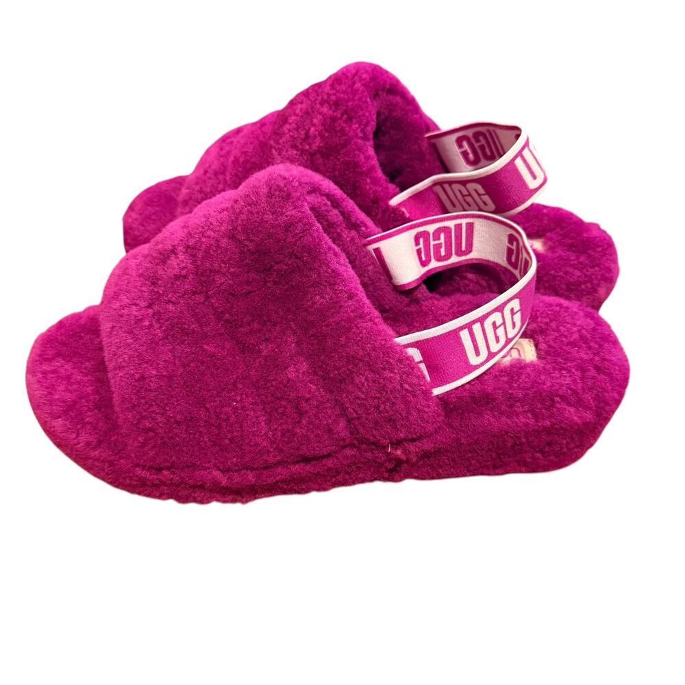 UGG Women's Fluff Yeah Fur Slide Slipper Purple with elastic logo strap Size 11